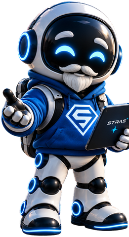 CONNECT, the crew manager of the STRAS agents, a robot in a blue hoodie with a white moustache
